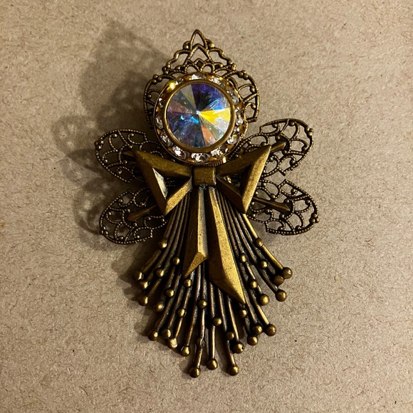 Vintage Antiqued Angel Brooch Aurora Crystal - Picture 2 of 3